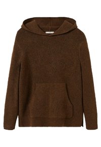 Sweat à capuche marron en tissu texturé, avec une poche avant, un ourlet côtelé et une coupe décontractée. Design simple avec des accents minimalistes.