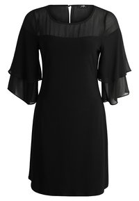 Mustapuku, jossa on läpinäkyvät lepattelevat hihat, pyöreä pääntie ja piilotettu takalukko. Pehmeä kangas laskeutuu löyhästi polveen.