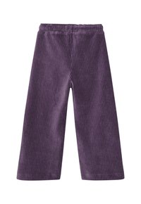 Locker sitzende lila Cordhosen mit einem elastischen Bund, weitem Bein und vertikaler Rippstruktur.