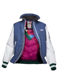 Blauwe denim en witte stoffen jas met een ritssluiting aan de voorkant, groene geribbelde manchetjes en een roze geïsoleerde binnenkant met kleurrijke patronen.