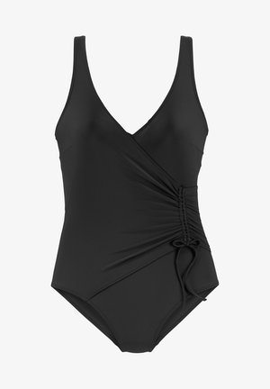 Maillot de bain une pièce noir avec un décolleté en V profond, des détails froncés sur les côtés et un accent à nouer à la taille. Fabriqué en tissu lisse et extensible.