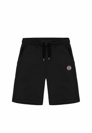 Zwarte shorts van zachte stof, met een trekkoord in de taille, zijzakken en een ronde logopatch op het linkerpand.