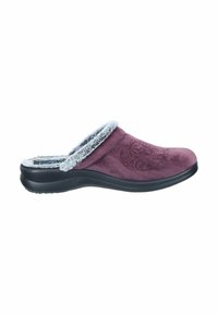 Burgundy suede clog with grey faux fur lining, low heel, and detailed floral embroidery on upper. Black rubber sole for durability.