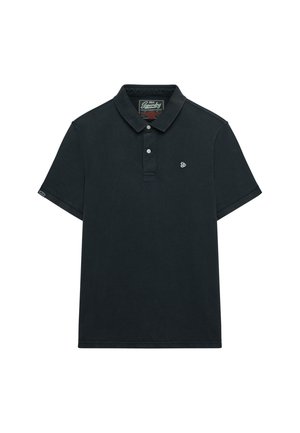 Black short-sleeve polo shirt with two buttons, a collar, and a small embroidered logo on the left chest.