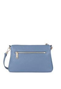 Borsa a tracolla in pelle blu con finitura testurizzata, dotata di una tasca frontale con zip e accessori in tonalità oro. Inclusa una tracolla regolabile.