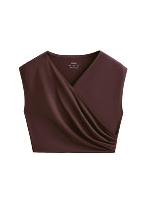 Burgundijska kratkotrajna majica s kratkim rukavima napravljena od glatkog materijala, s prekriženim dizajnom i naborima s jedne strane. V-izrez.
