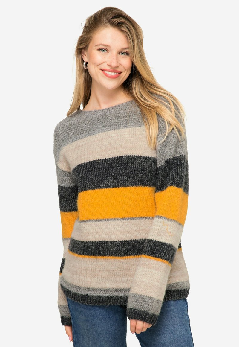 Maglione a maglia con strisce orizzontali grigie, beige, nere e gialle. Morbido al tatto, con una vestibilità comoda e design a collo rotondo.