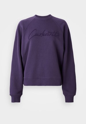 Lilla sweatshirt med rund halsudskæring og raglanærmer. Den har et broderet "Carhartt" logo i matchende farve. Blødt stof i god kvalitet.
