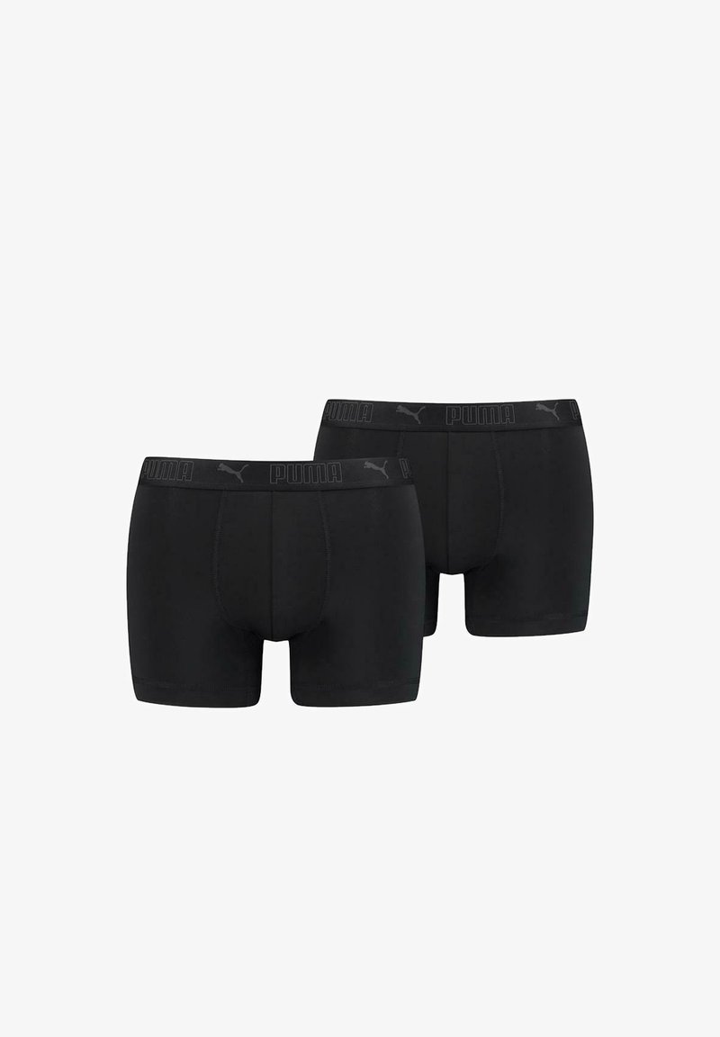 Boxer briefs pretos com cintura elástica, apresentando logótipo em relevo; tecido suave, design ajustado e comprimento até a metade da coxa. Conjunto de dois.