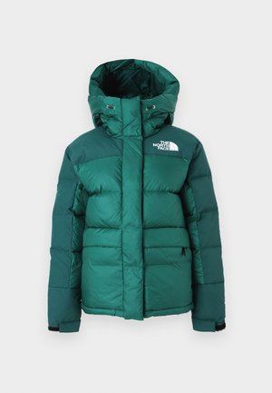 Zaļš pildīts ziemas jaka ar kapuci, velcro aproču siksnām, priekšējām kabatām un The North Face logo uz krūšu.