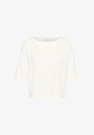 Haut en maille blanc à manches courtes, col rond et coupe décontractée, présenté sur un fond blanc uni.