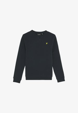 Felpa crewneck navy realizzata in tessuto morbido. Presenta un piccolo logo giallo sul petto e polsini e orlo a costine.