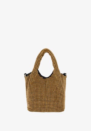 Vævet tote bag med et guld, gitterlignende mønster, dobbelte håndtag og en sort kant øverst. Teksturfinish med en blød struktur.