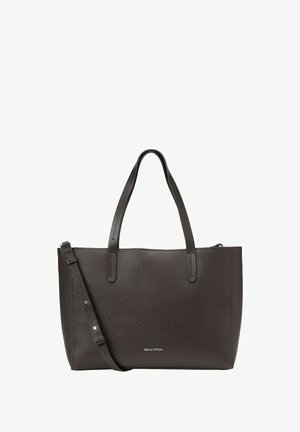 Dark brown textured leather tote bag with two handles and an adjustable shoulder strap, featuring a small metallic brand logo.