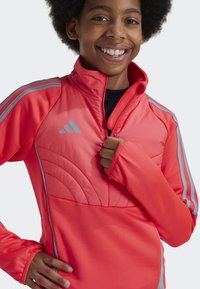 Veste rembourrée rouge avec un col montant et un design matelassé. Présente des rayures grises sur les manches et une fermeture éclair à l'avant. Texture douce.