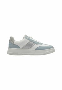Sneakers featuring a combination of white leather and light blue accents, with a textured gray heel and a white rubber sole. Geometric design elements.