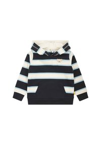 Kapuzenpullover in Marineblau, Creme und hellblauen Streifen. Verfügt über eine Fronttasche und eine Bärenapplikation in der Nähe des Ausschnitts. Baumwollmischgewebe.