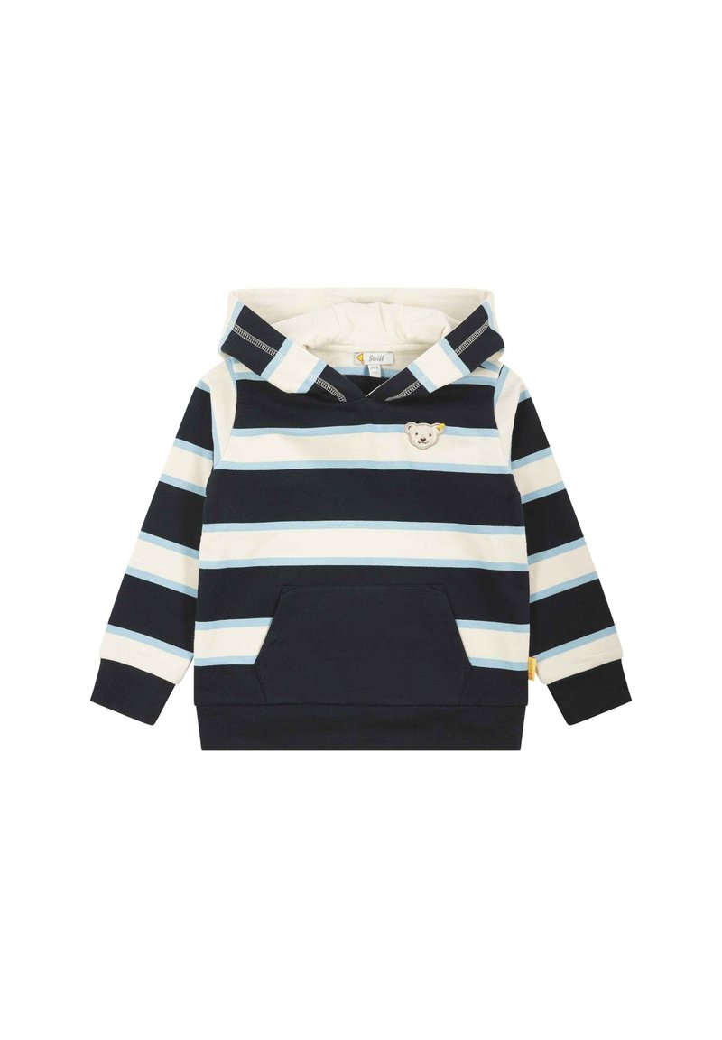 Kapuzenpullover in Marineblau, Creme und hellblauen Streifen. Verfügt über eine Fronttasche und eine Bärenapplikation in der Nähe des Ausschnitts. Baumwollmischgewebe.
