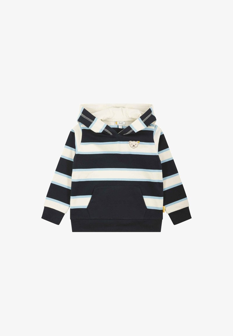 Kapuzenpullover in Marineblau, Creme und hellblauen Streifen. Verfügt über eine Fronttasche und eine Bärenapplikation in der Nähe des Ausschnitts. Baumwollmischgewebe.
