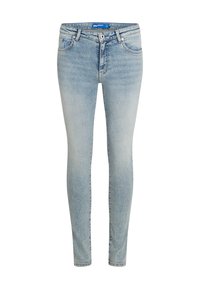 Světle modré úzké džíny vyrobené z denimu, s knoflíkovým zapínáním, designem s pěti kapsami a jemným vyblednutím po celém povrchu.