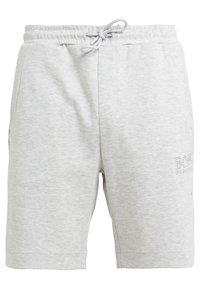 Shorts en coton gris clair, arrivant au genou, avec une taille élastique et un cordon de serrage, des poches latérales et un logo de marque discret sur la cuisse.