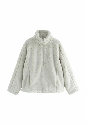 Pulover din fleece gri deschis, cu guler înalt, fermoar pe jumătate în față, mâneci lungi și un material texturat, moale. Prezintă linii de design sportiv.
