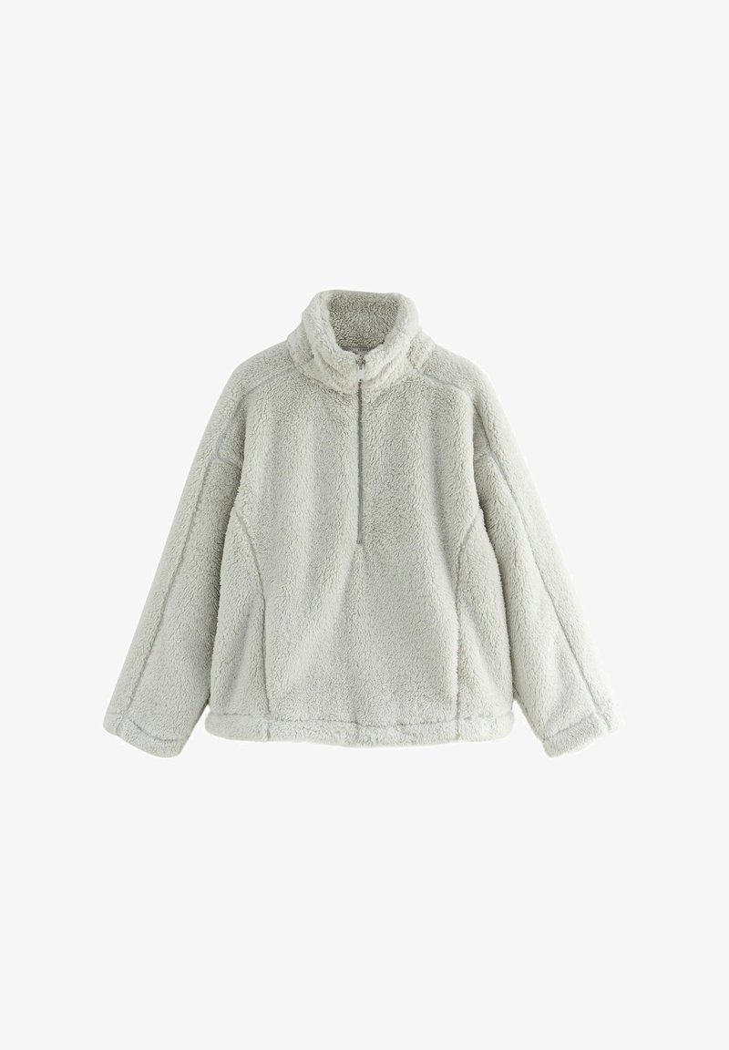 Light gray fleece pullover with a high collar, half-zipper front, long sleeves, and a textured, soft fabric. Features sporty design lines.