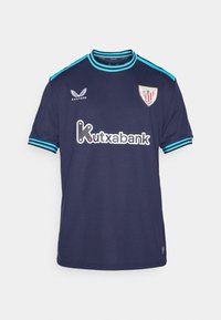 Maillot de football du Athletic Club Bilbao en bleu marine avec des accents turquoise, logo Castore et sponsor Kutxabank sur le devant.