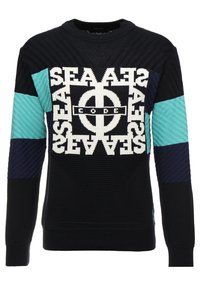 Schwarzer Strickpullover mit strukturiertem Design, ausgestattet mit Ärmeln in türkisblauen und marineblauen Streifen sowie einem zentralen Grafik, die das Wort "CODE" enthält.