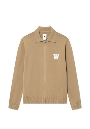 Tan sweater jacket with a ribbed texture, zipper closure, and a collared neck. Features a white "W" logo on the left chest area.