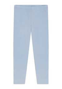 Light blue leggings made of soft, stretchy fabric. They have a fitted design, featuring elastic waistband and hemmed cuffs.