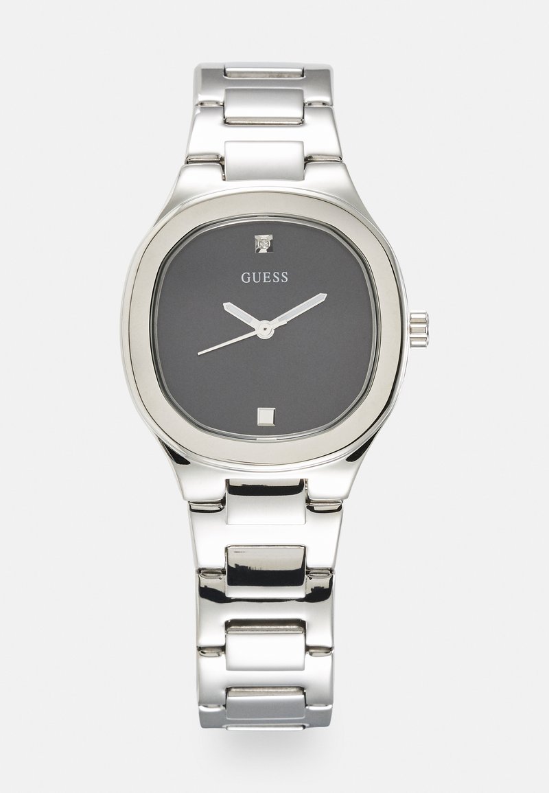 Silver stainless steel watch with a rectangular case, black dial, silver-tone hands, and a small diamond accent at the 12 o'clock position.