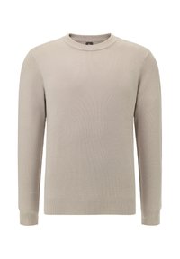 Pull en tricot beige clair avec un motif texturé, col rond et poignets et ourlet côtelés. Présente une coupe classique.