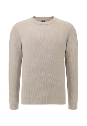Jasno beżowy sweter dziany z fakturowanym wzorem, okrągłym dekoltem oraz ściągaczami przy mankietach i u dołu. Ma klasyczny fason.
