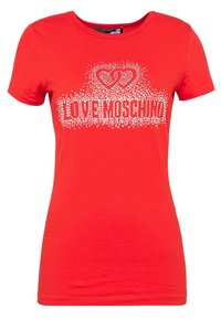 Rød bomulds T-shirt med rund hals, korte ærmer og sølv rhinestones grafik med tekst og hjerte design på forsiden.