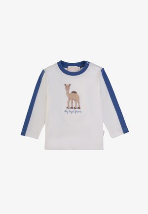 Maglietta a maniche lunghe bianca con maniche blu, caratterizzata da un design ricamato di un cammello e il testo "Il mio amico fedele" sottostante. Materiale in cotone.