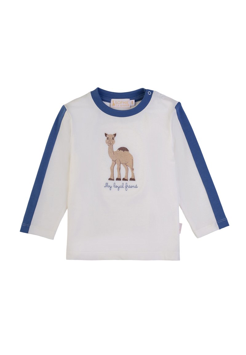 Maglietta a maniche lunghe bianca con maniche blu, caratterizzata da un design ricamato di un cammello e il testo "Il mio amico fedele" sottostante. Materiale in cotone.