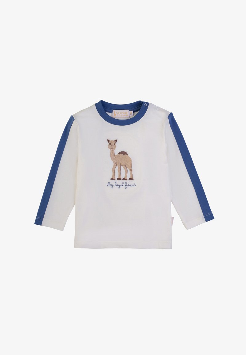 Maglietta a maniche lunghe bianca con maniche blu, caratterizzata da un design ricamato di un cammello e il testo "Il mio amico fedele" sottostante. Materiale in cotone.