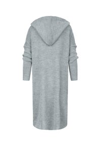 Graue Strickjacke mit Kapuze, mittellang, gerippte lange Ärmel und weiche Textur. Minimalistisches Design ohne zusätzliche Verzierungen.