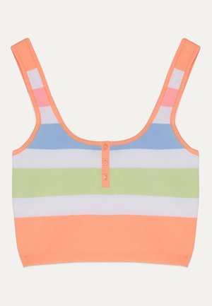 Bezrękawnikowy krótki top dzianinowy w poziome paski w kolorach pomarańczowym, białym, zielonym, białym i niebieskim, z pomarańczowym paskiem z guzikami i wykończeniem.