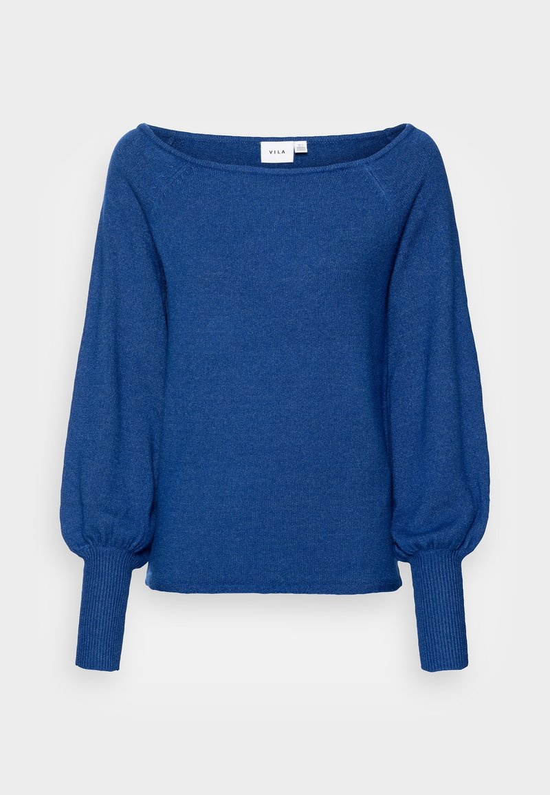 Pull tricot bleu avec encolure large, manches bouffantes et poignets côtelés. Texture douce, coupe décontractée et marquage minimal au niveau du col.