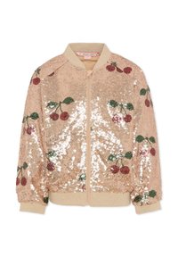 Bomber jacket dorato con paillettes, decorato con motivi di ciliegie ricamate in rosso e verde. Rifinito con colletto e polsini a costine.