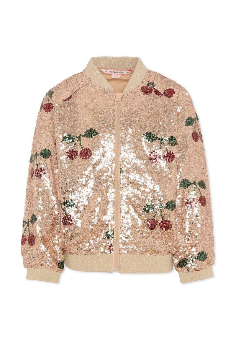 Bomber jacket dorato con paillettes, decorato con motivi di ciliegie ricamate in rosso e verde. Rifinito con colletto e polsini a costine.