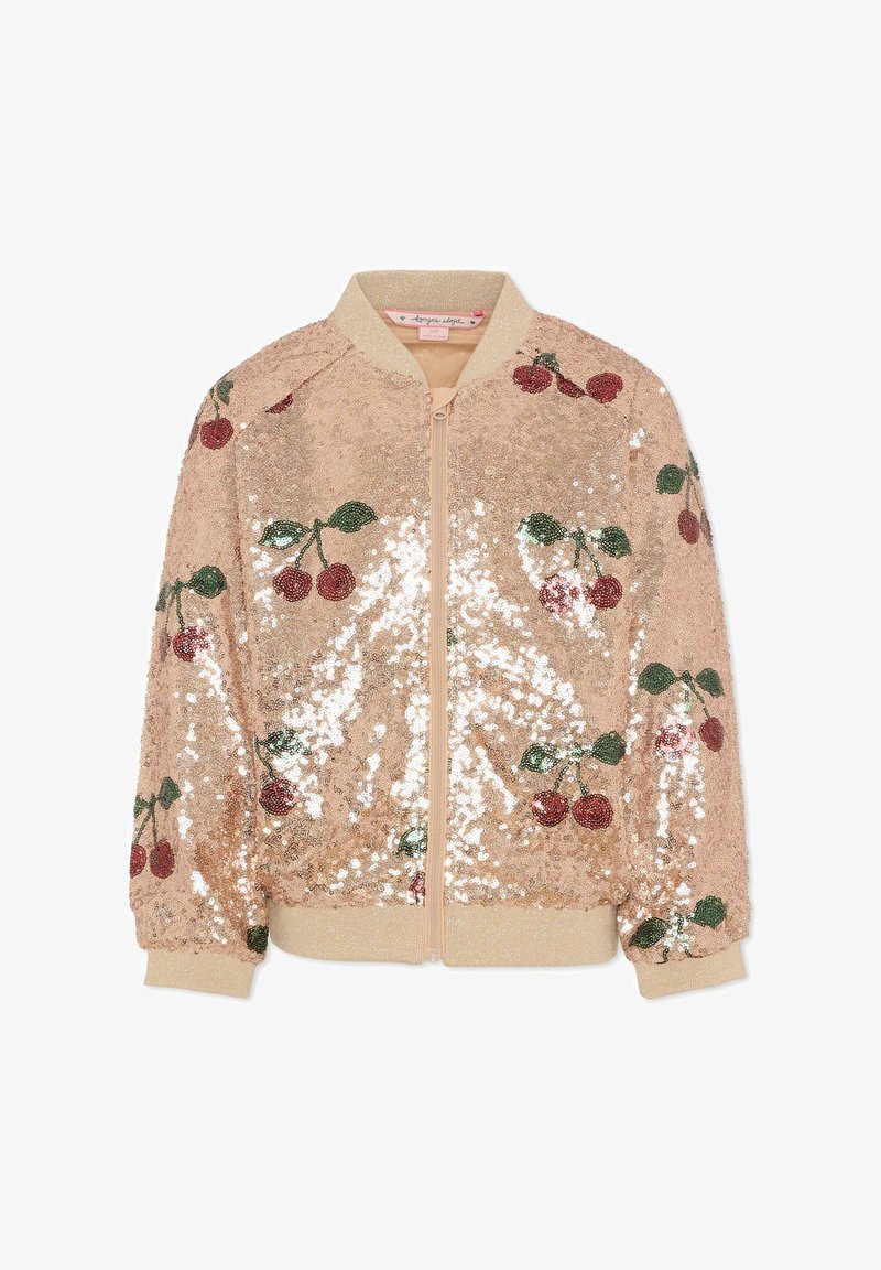Złota bomberka z cekinami, ozdobiona haftowanymi motywami wiśni w kolorach czerwonym i zielonym. Wykończona prążkowanym kołnierzem i mankietami.