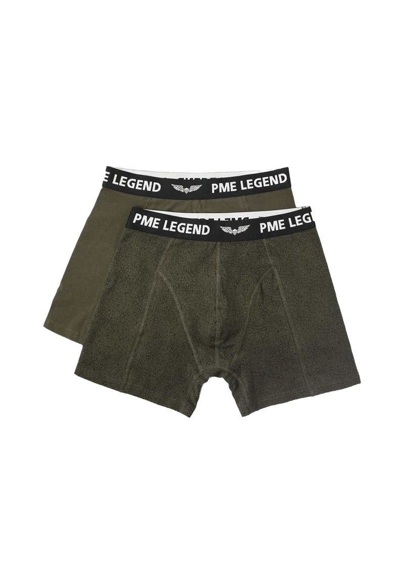 Dve zelene moške bokserice PME Legend z črnimi pasovi, ki prikazujejo logotip PME Legend in krilate embleme.