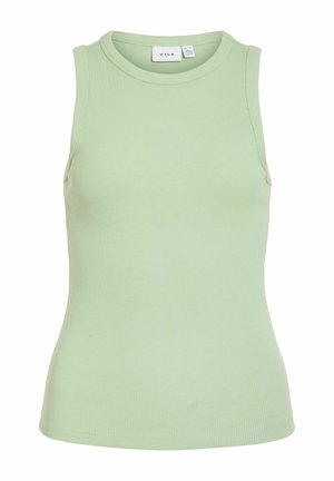Svetlozelené rebrované tielko bez rukávov s okrúhlym výstrihom a priliehavým strihom, značka viditeľná vo vnútri goliera.