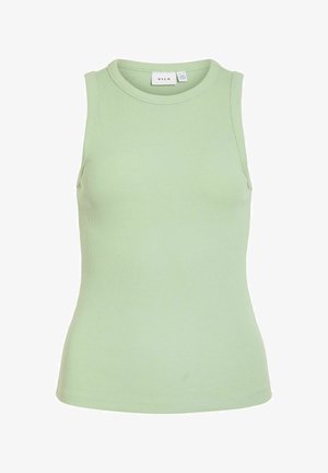 Svetlozelené rebrované tielko bez rukávov s okrúhlym výstrihom a priliehavým strihom, značka viditeľná vo vnútri goliera.