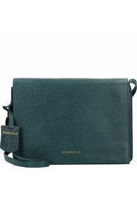Borsa a tracolla in pelle color turchese con design piatto, accenti in metallo dorato e etichetta rimovibile con il nome del marchio Burkely.