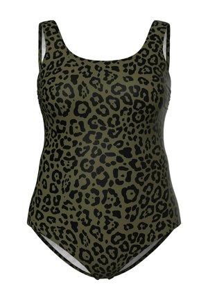 Einteiliger Badeanzug mit olivgrünem Hintergrund und schwarzem Leopardenmuster, mit breiten Trägern und einem abgerundeten Ausschnitt.
