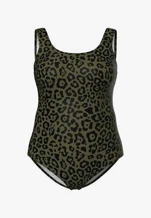 Einteiliger Badeanzug mit olivgrünem Hintergrund und schwarzem Leopardenmuster, mit breiten Trägern und einem abgerundeten Ausschnitt.